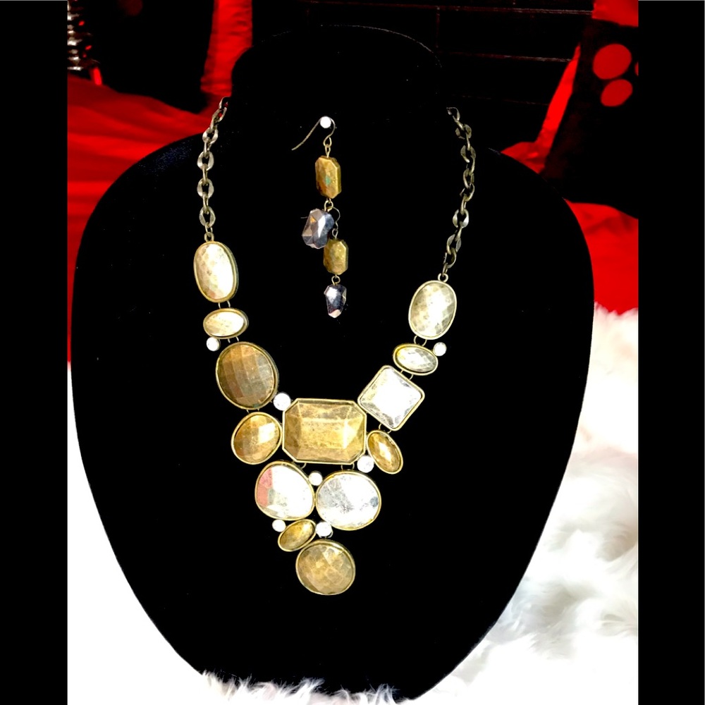 “EUC” ANTIQUED GOLD, SILVER & RHINESTONE NECKLACE
